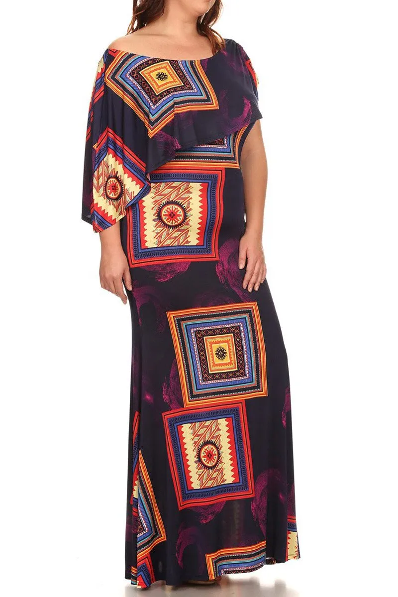 Plus Size Flounce Neckline Draped Maxi Dress