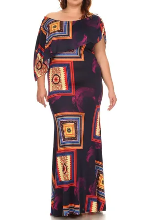 Plus Size Flounce Neckline Draped Maxi Dress