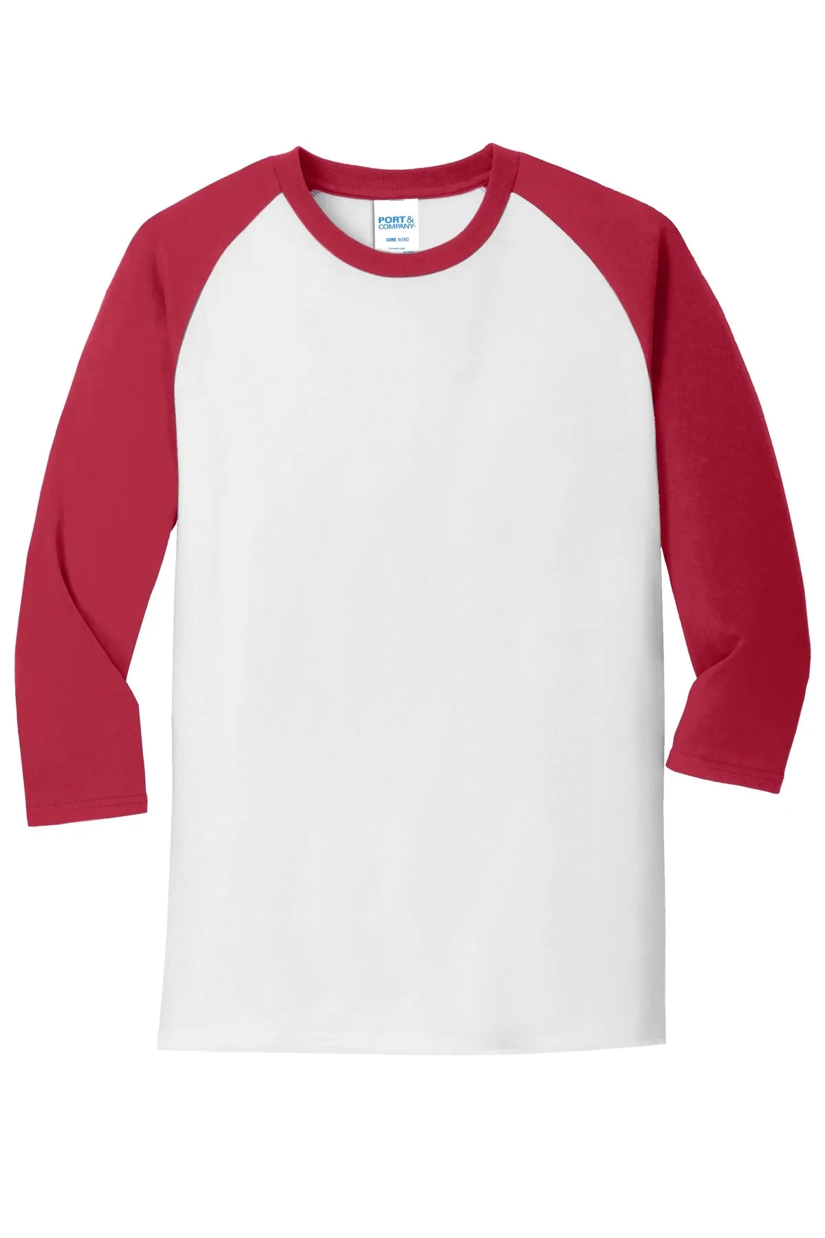 Port & Company Core Blend 3/4-Sleeve Raglan Tee. PC55RS White/ Red