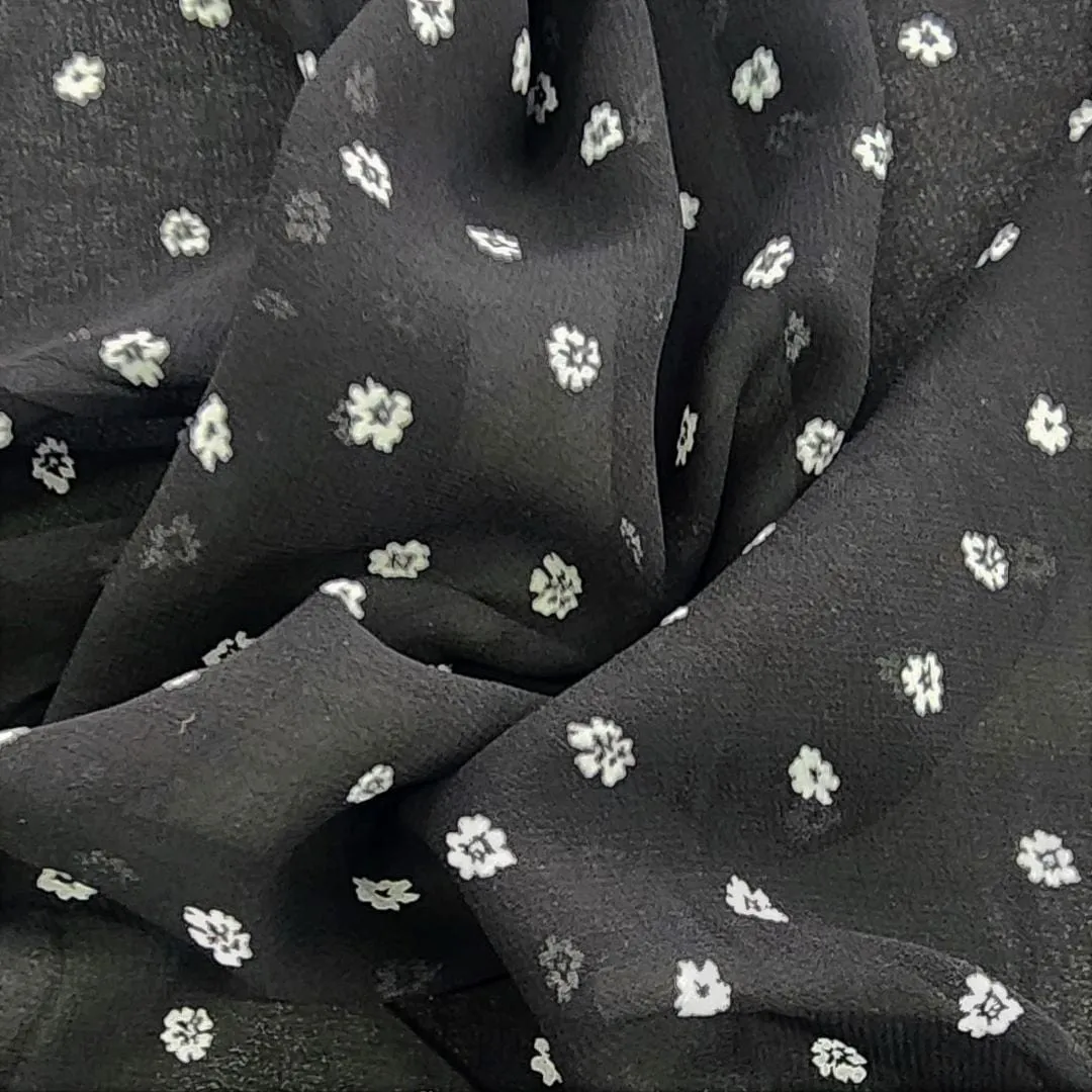 Printed Chiffon Black With White Flower Fabric 150cm