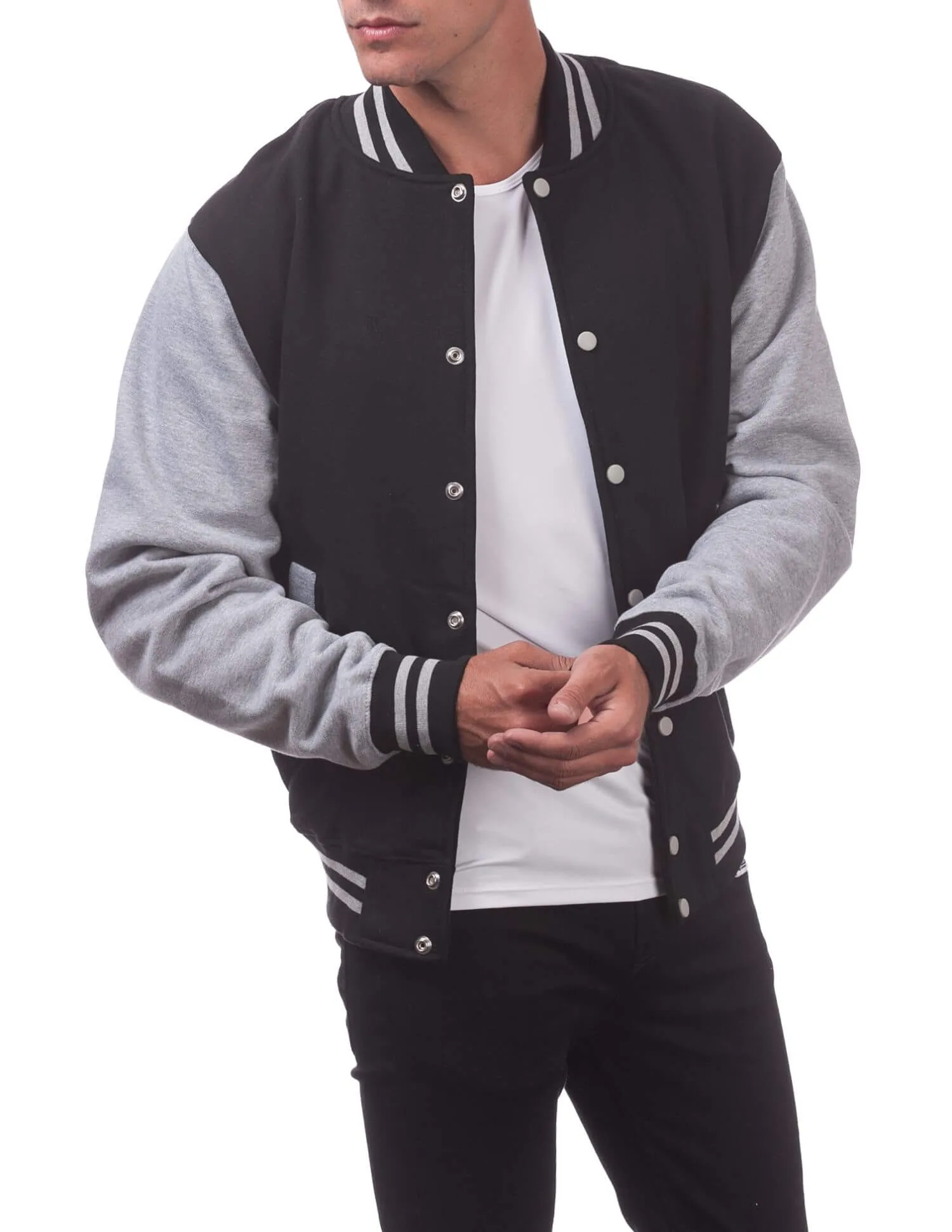 Pro Club Men's Varsity Fleece Baseball Jacket- Black/ Heather Gray