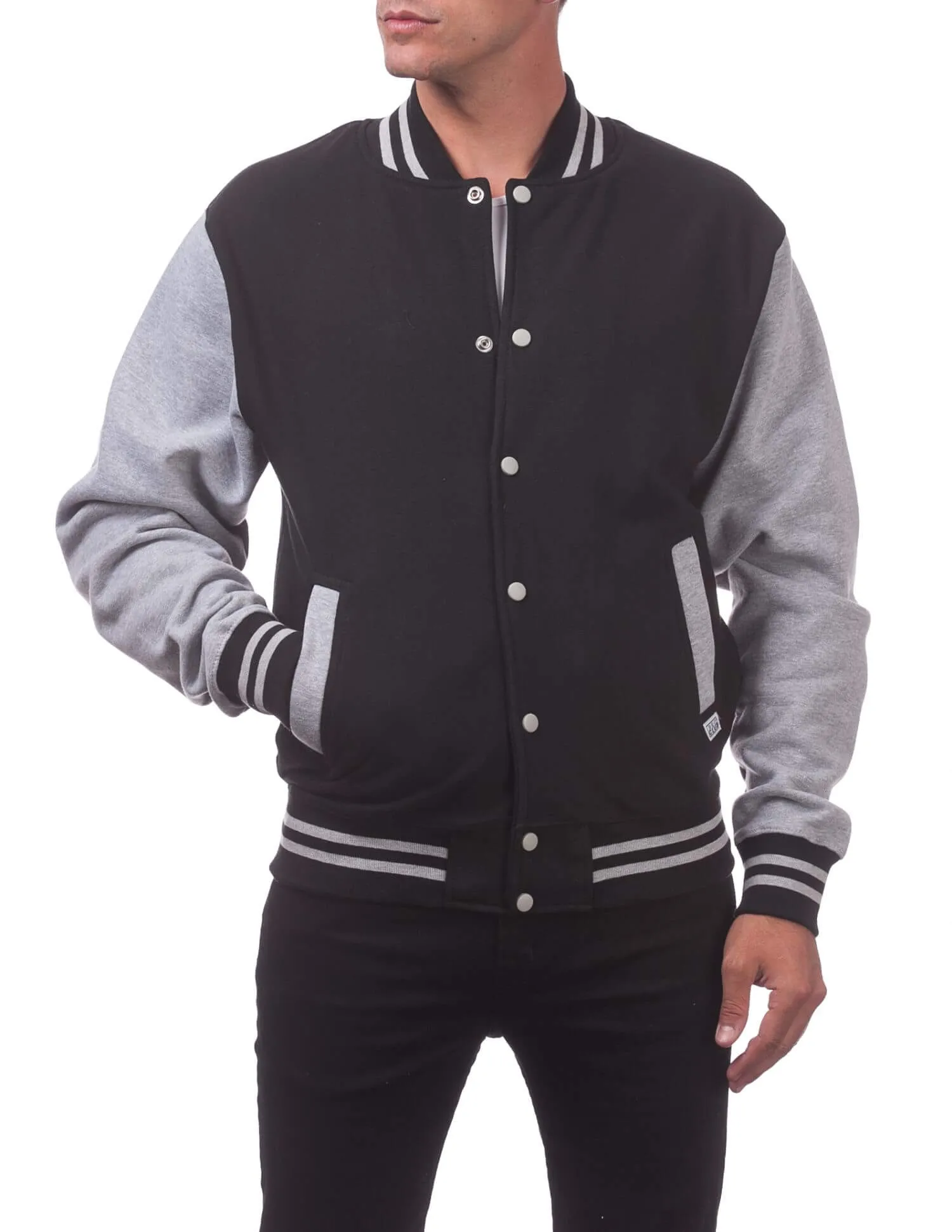 Pro Club Men's Varsity Fleece Baseball Jacket- Black/ Heather Gray
