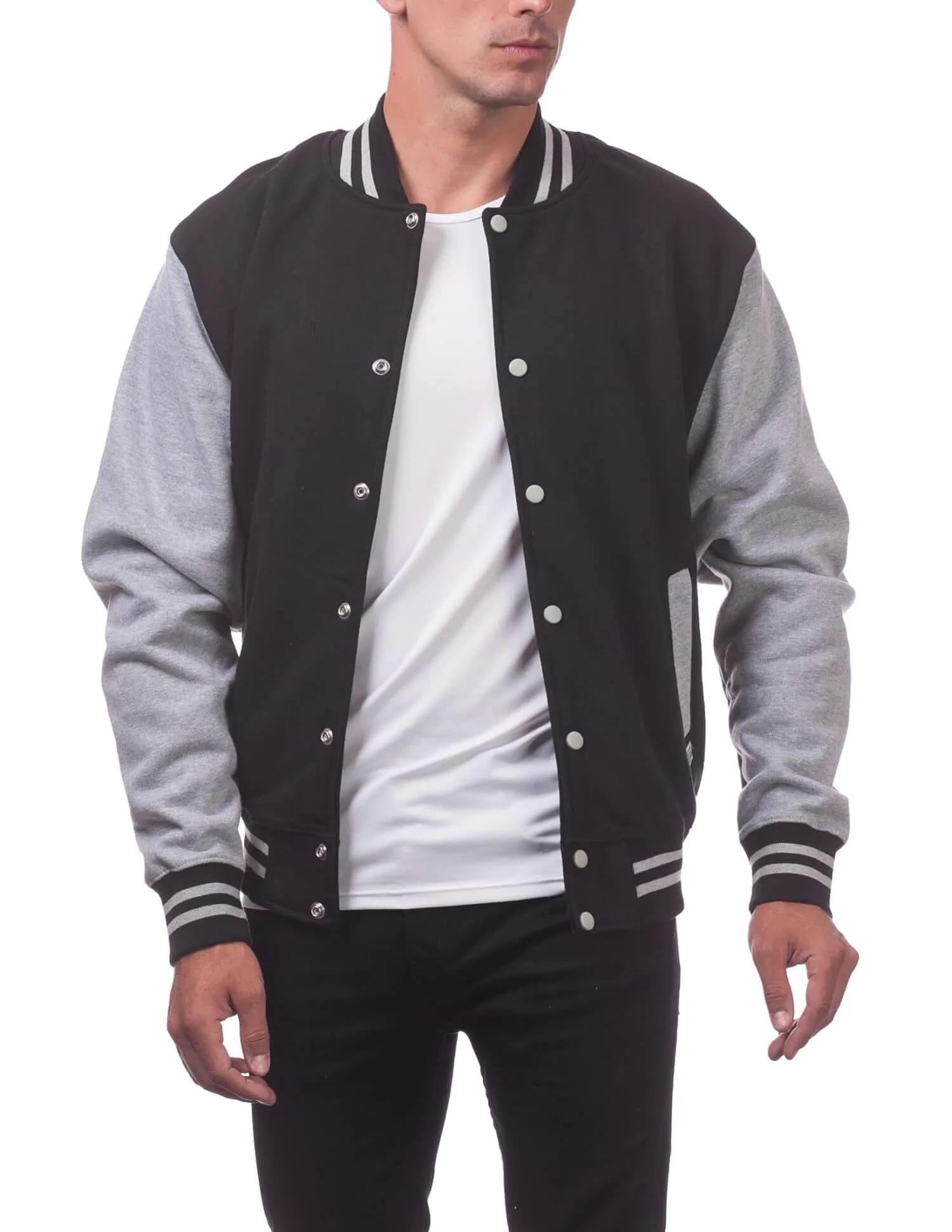 Pro Club Men's Varsity Fleece Baseball Jacket- Black/ Heather Gray