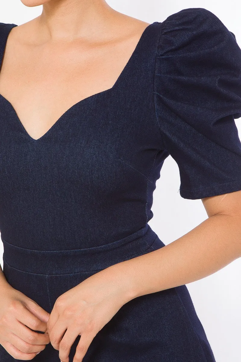 Puff Short Sleeve Denim Romper