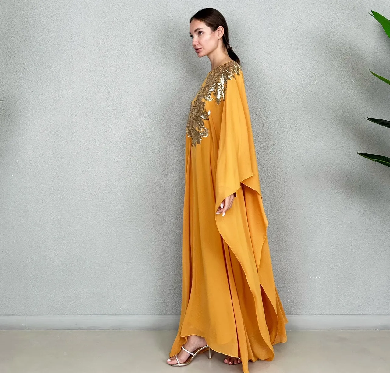 RAM23 RAMA MUSTARD GOLD SEQUINS CHIFFON KAFTAN
