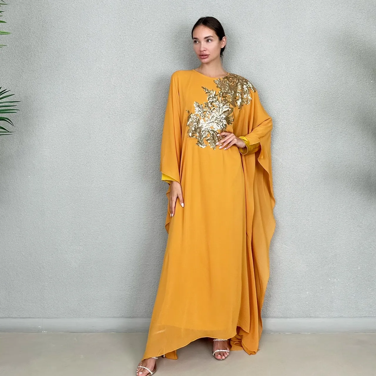 RAM23 RAMA MUSTARD GOLD SEQUINS CHIFFON KAFTAN