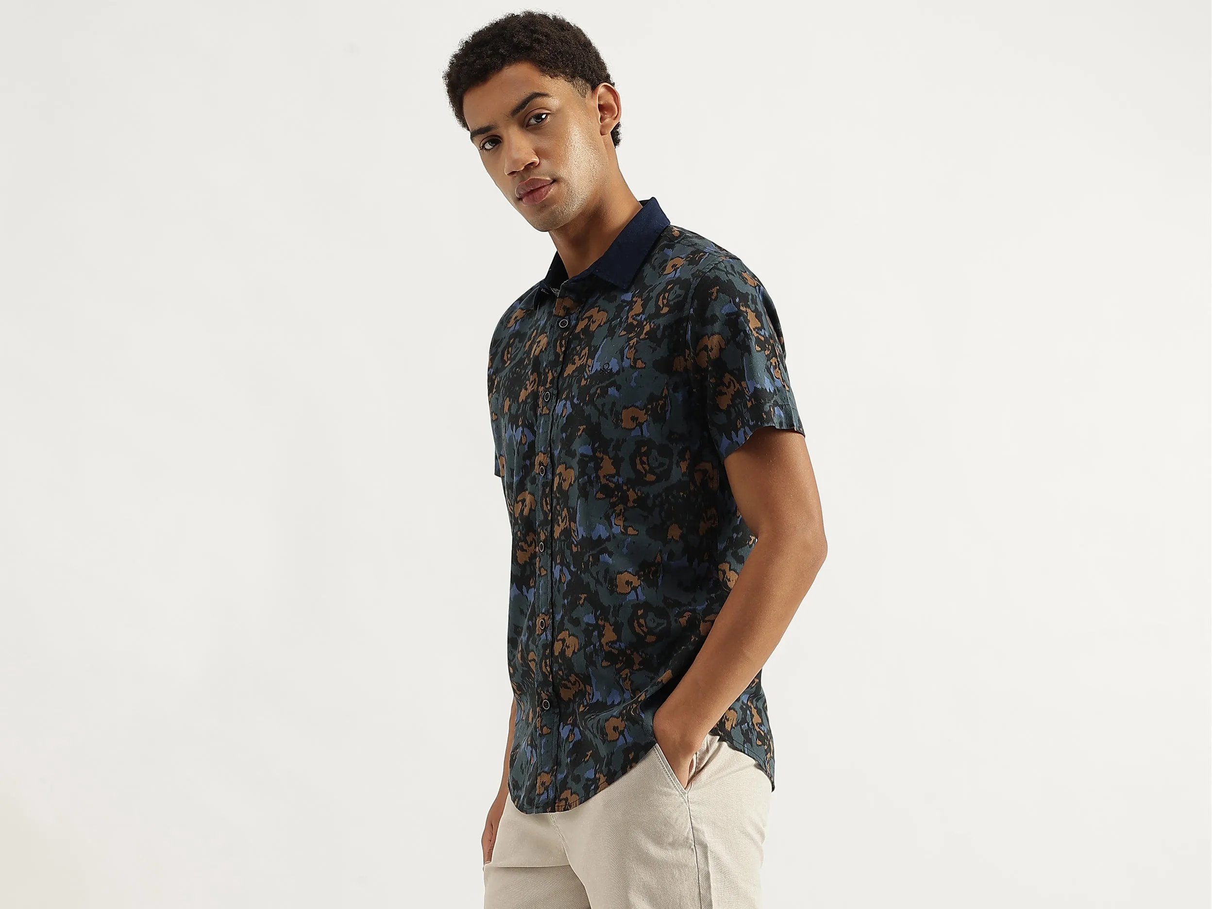 Regular Fit Spread Collar Abstract Camouflage Shirt