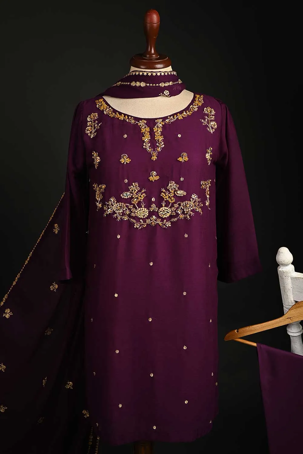 RTW-148-Magenta -  3Pc Stitched Embroidered Adda Work Chiffon Shirt