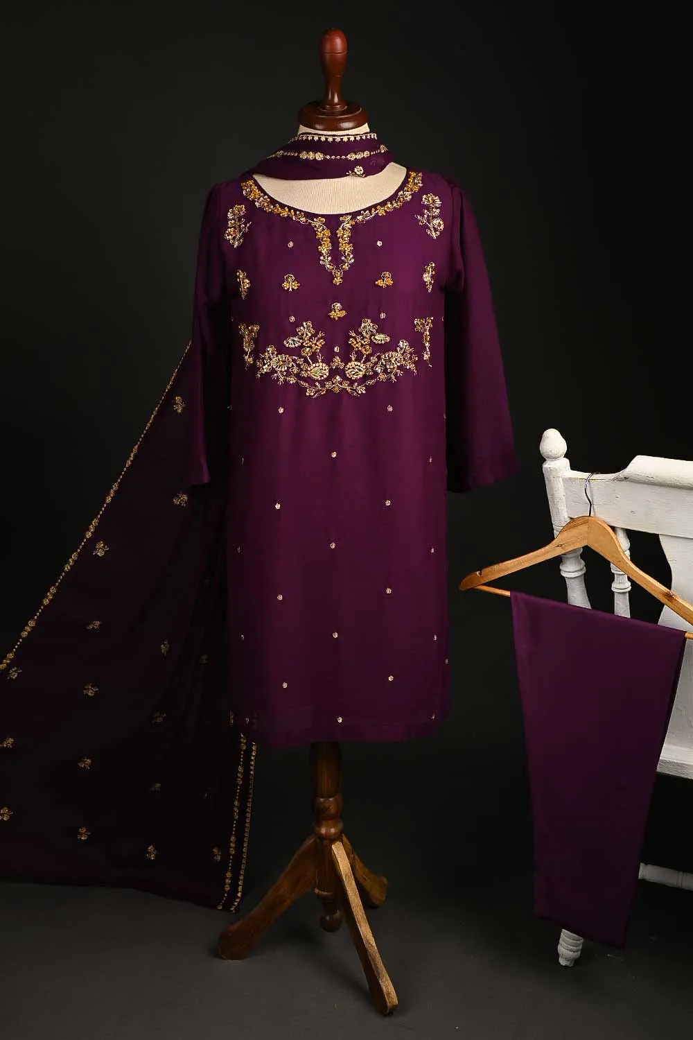 RTW-148-Magenta -  3Pc Stitched Embroidered Adda Work Chiffon Shirt