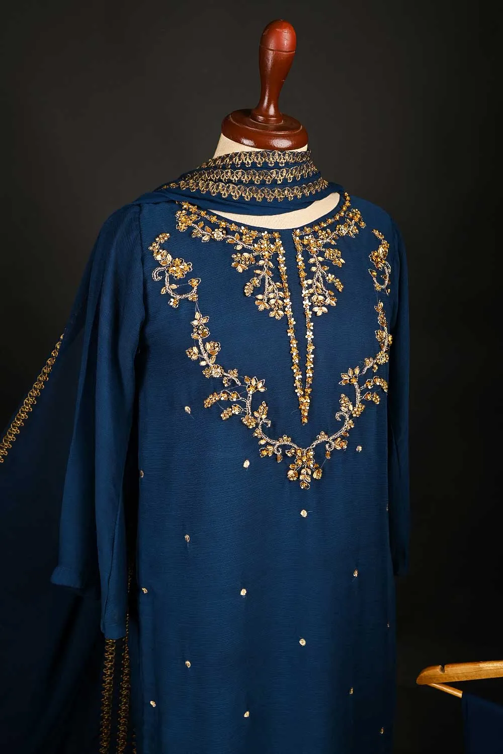 RTW-149-NavyBlue -  3Pc Stitched Embroidered Adda Work Chiffon Shirt