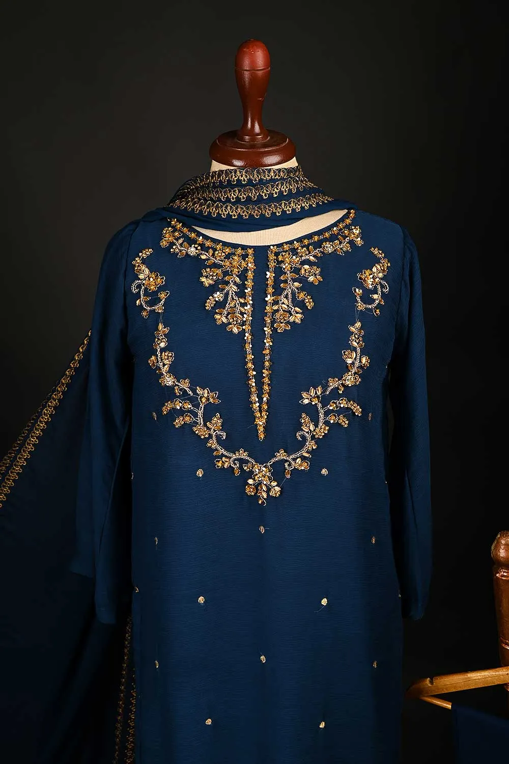 RTW-149-NavyBlue -  3Pc Stitched Embroidered Adda Work Chiffon Shirt