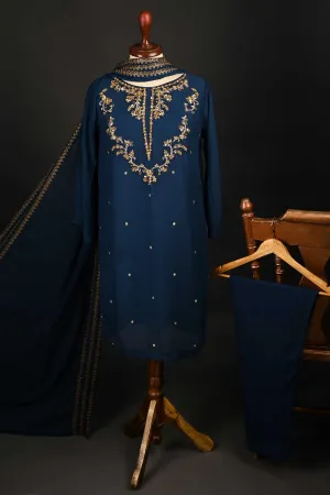 RTW-149-NavyBlue -  3Pc Stitched Embroidered Adda Work Chiffon Shirt