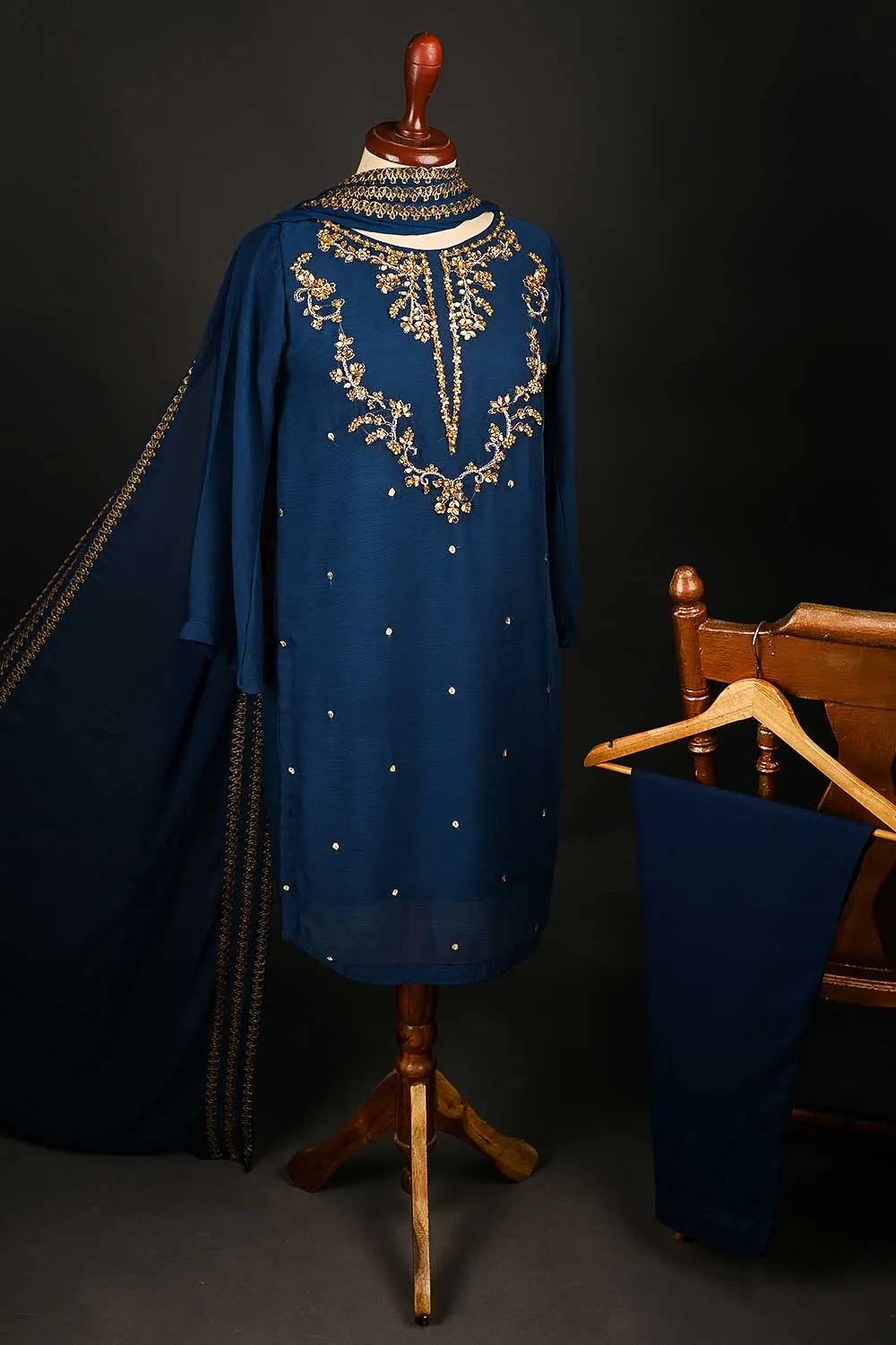 RTW-149-NavyBlue -  3Pc Stitched Embroidered Adda Work Chiffon Shirt