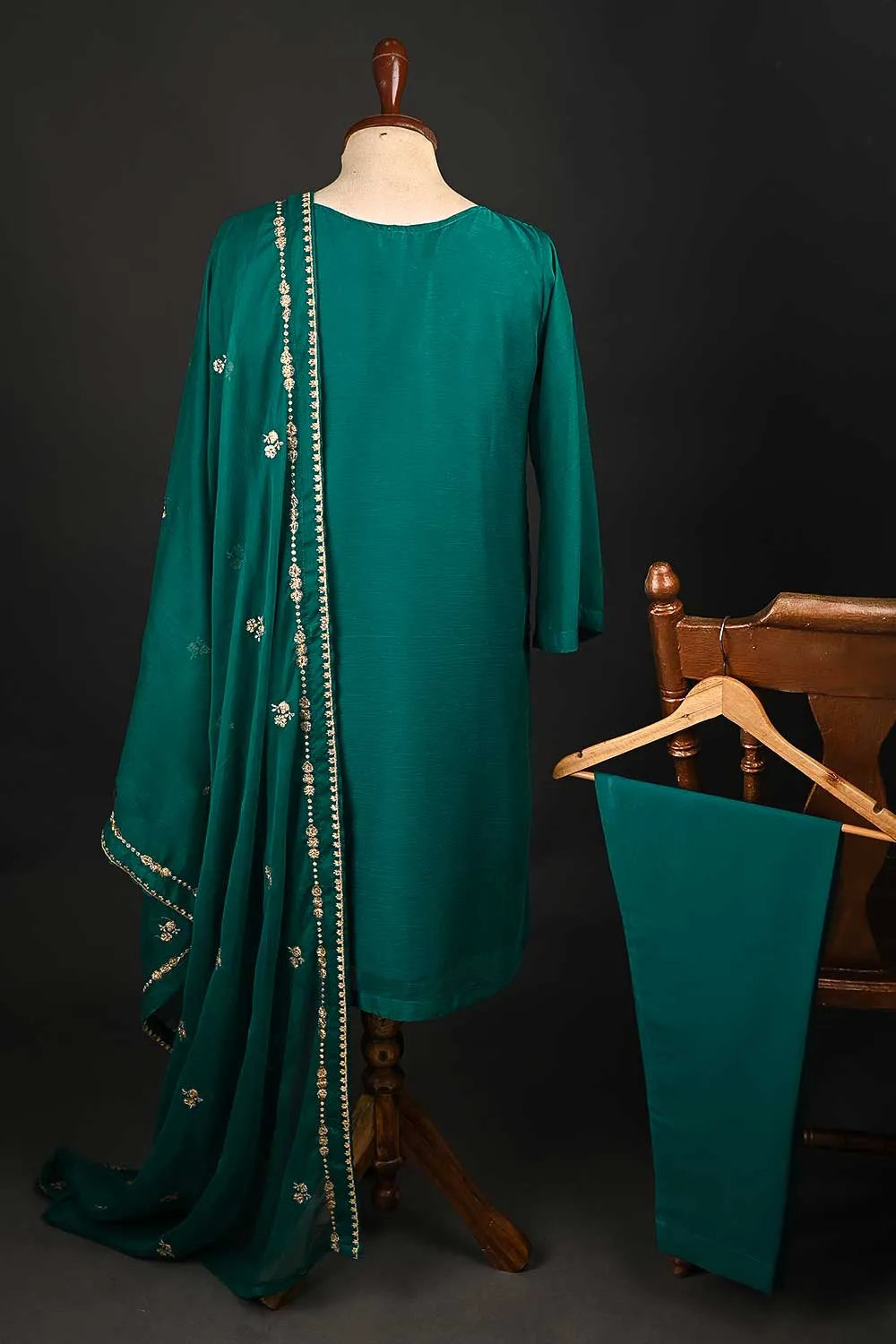 RTW-150-SeaGreen -  3Pc Stitched Embroidered Adda Work Chiffon Shirt