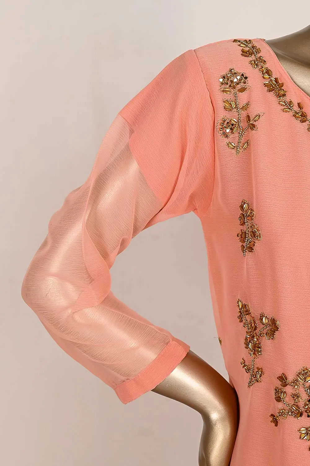 RTW-166-Peach -  3Pc Stitched Embroidered Adda Work Chiffon Shirt