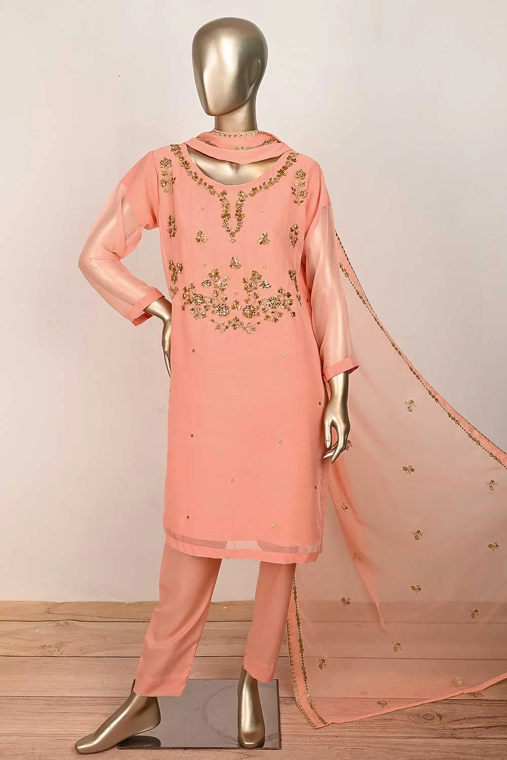 RTW-166-Peach -  3Pc Stitched Embroidered Adda Work Chiffon Shirt