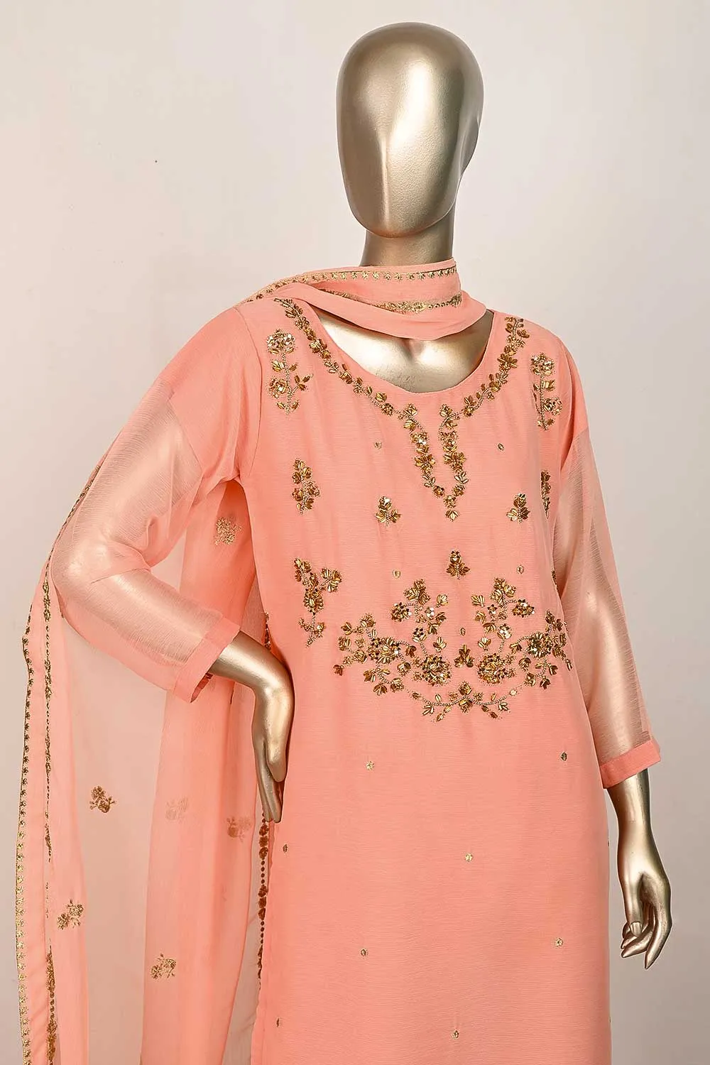 RTW-166-Peach -  3Pc Stitched Embroidered Adda Work Chiffon Shirt