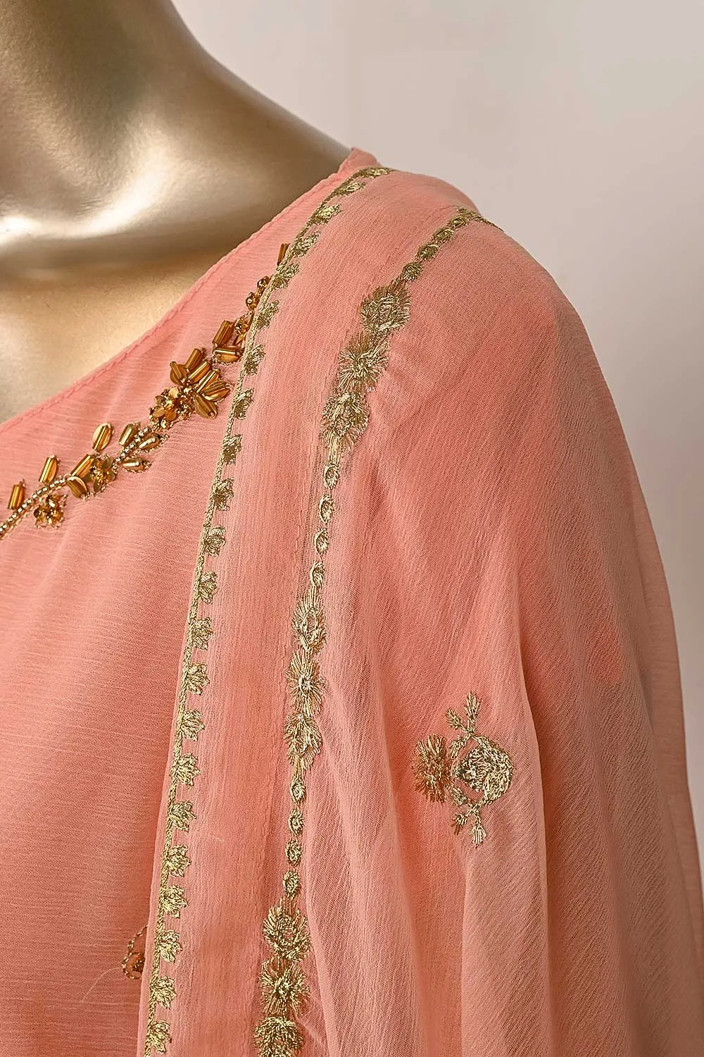 RTW-166-Peach -  3Pc Stitched Embroidered Adda Work Chiffon Shirt