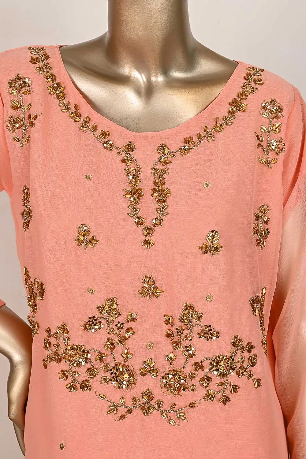RTW-166-Peach -  3Pc Stitched Embroidered Adda Work Chiffon Shirt