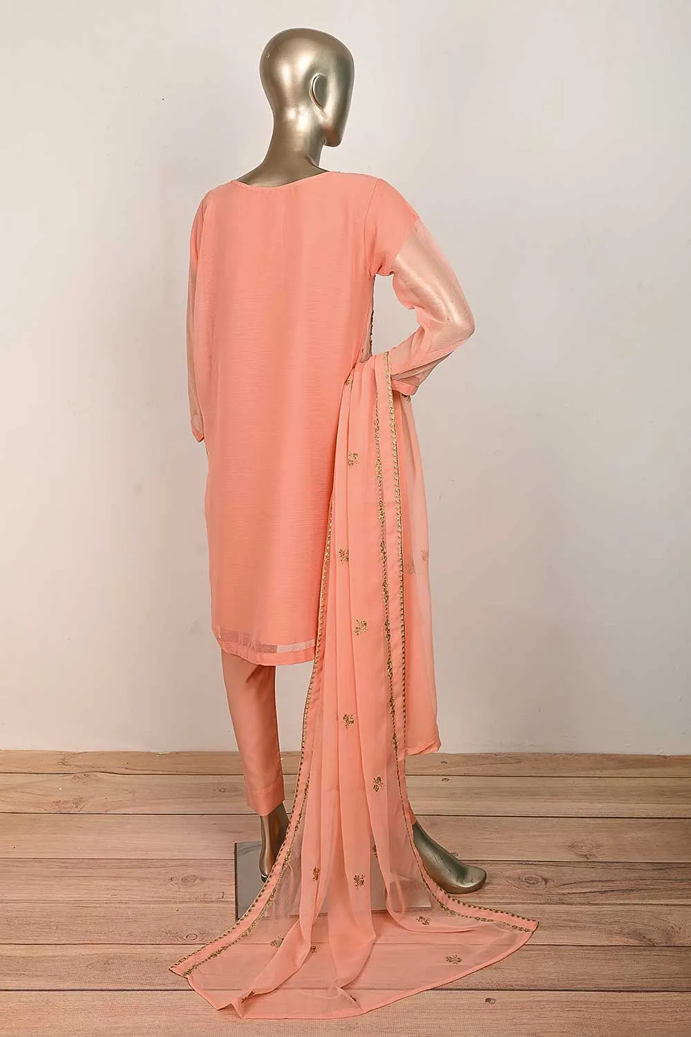 RTW-166-Peach -  3Pc Stitched Embroidered Adda Work Chiffon Shirt