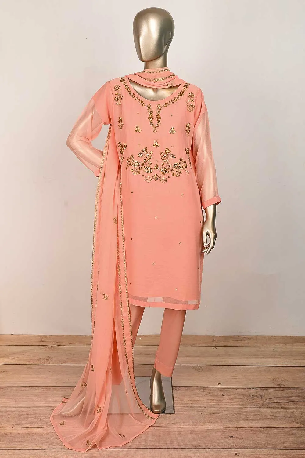 RTW-166-Peach -  3Pc Stitched Embroidered Adda Work Chiffon Shirt