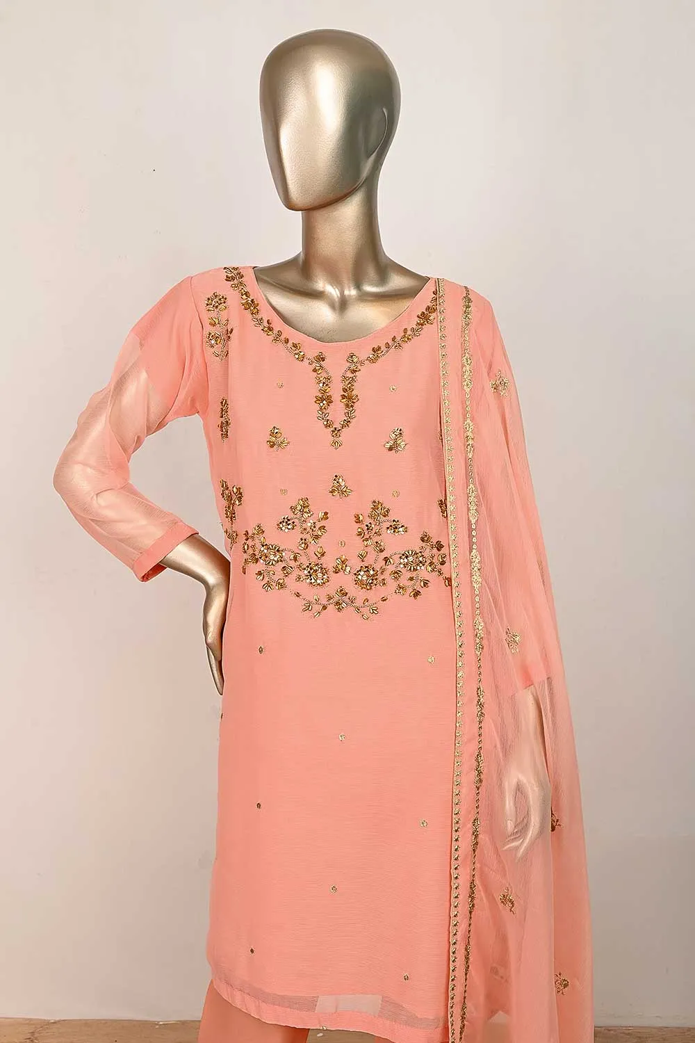 RTW-166-Peach -  3Pc Stitched Embroidered Adda Work Chiffon Shirt