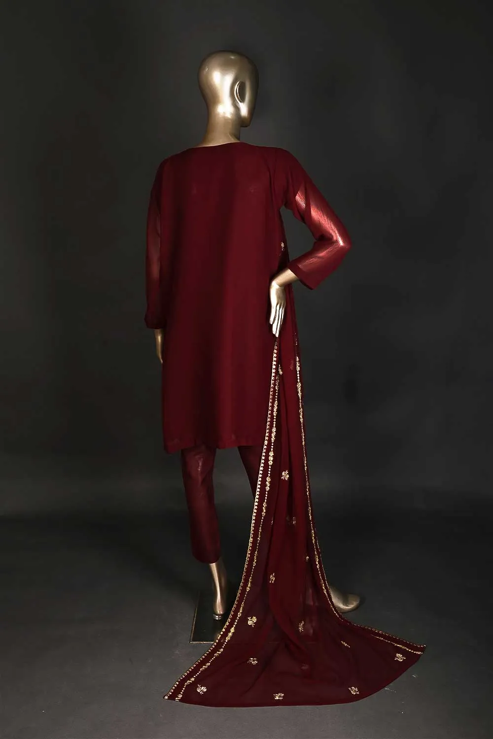 RTW-172-Brownish Maroon - 3Pc Ready to Wear Embroidered Adda Work Chiffon Dress