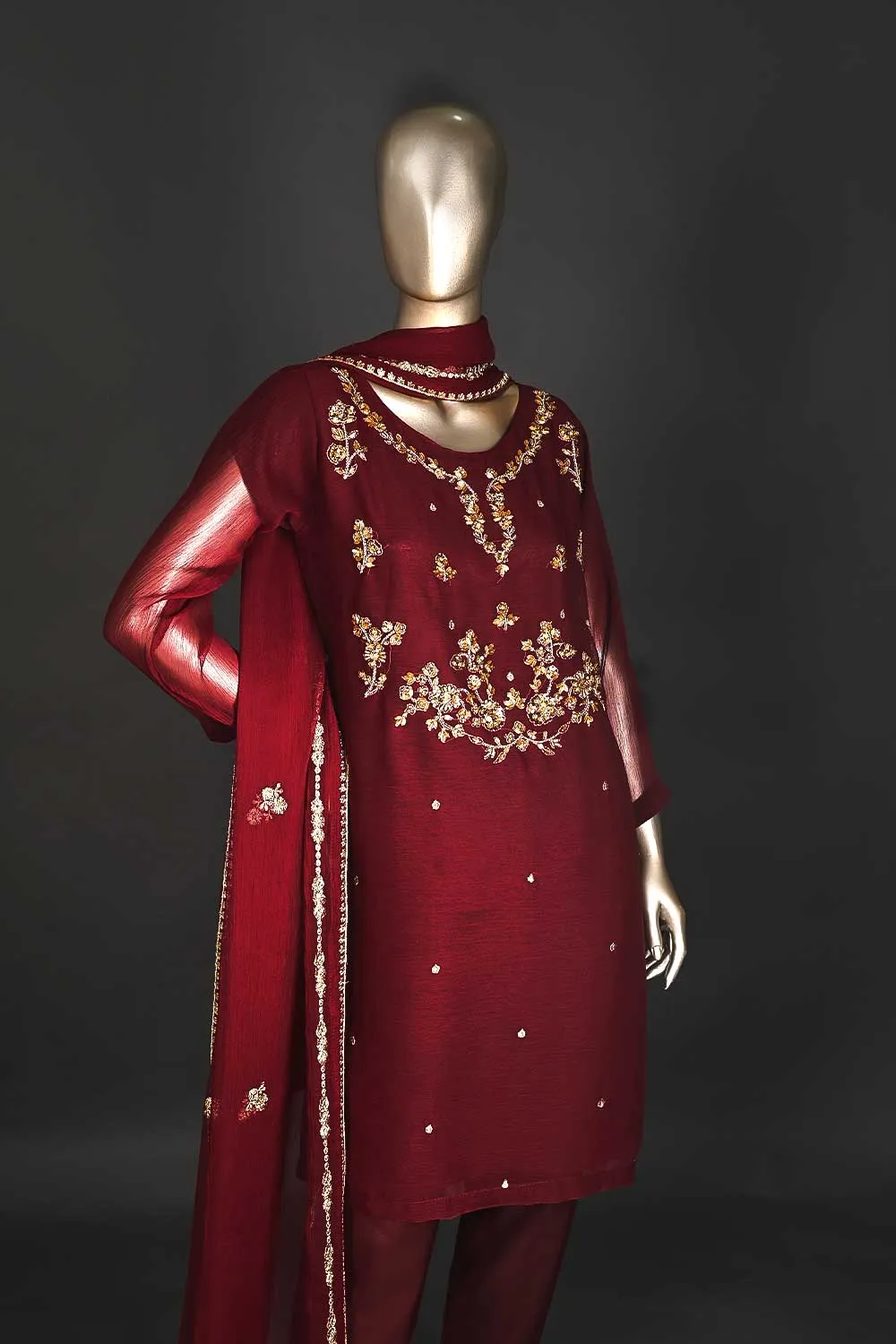 RTW-172-Brownish Maroon - 3Pc Ready to Wear Embroidered Adda Work Chiffon Dress