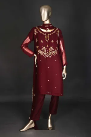 RTW-172-Brownish Maroon - 3Pc Ready to Wear Embroidered Adda Work Chiffon Dress