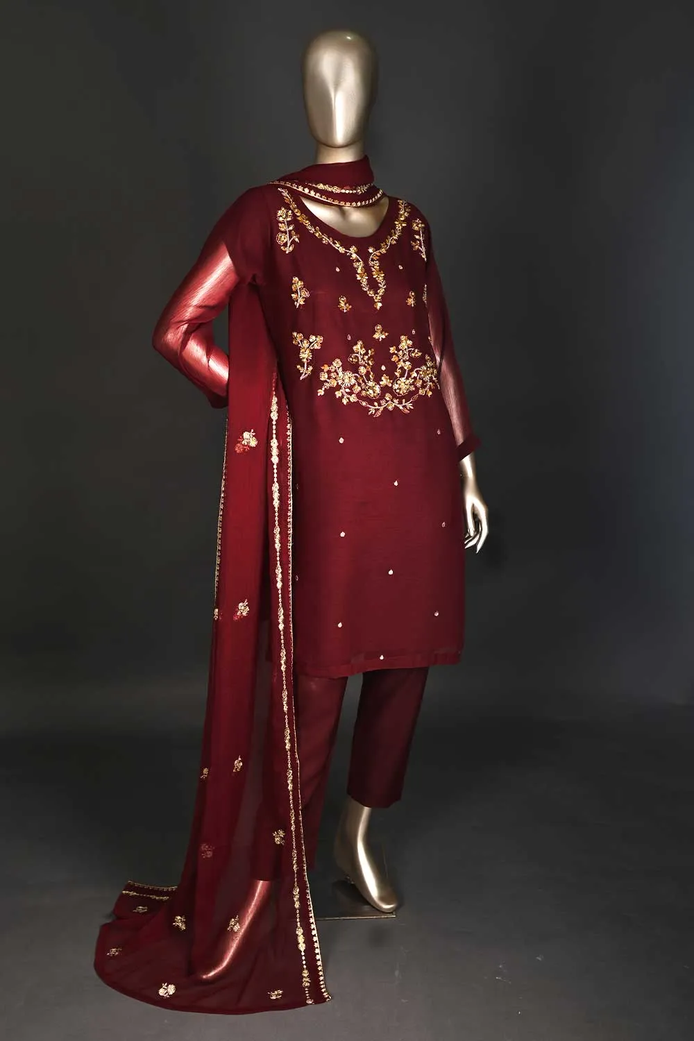 RTW-172-Brownish Maroon - 3Pc Ready to Wear Embroidered Adda Work Chiffon Dress