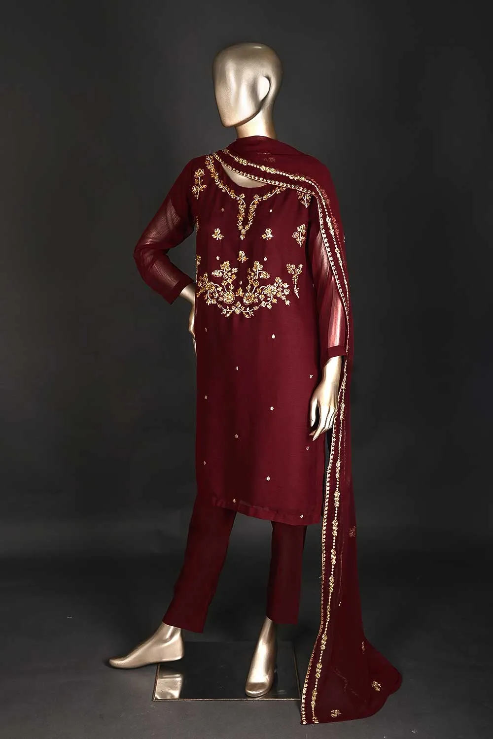 RTW-172-Brownish Maroon - 3Pc Ready to Wear Embroidered Adda Work Chiffon Dress