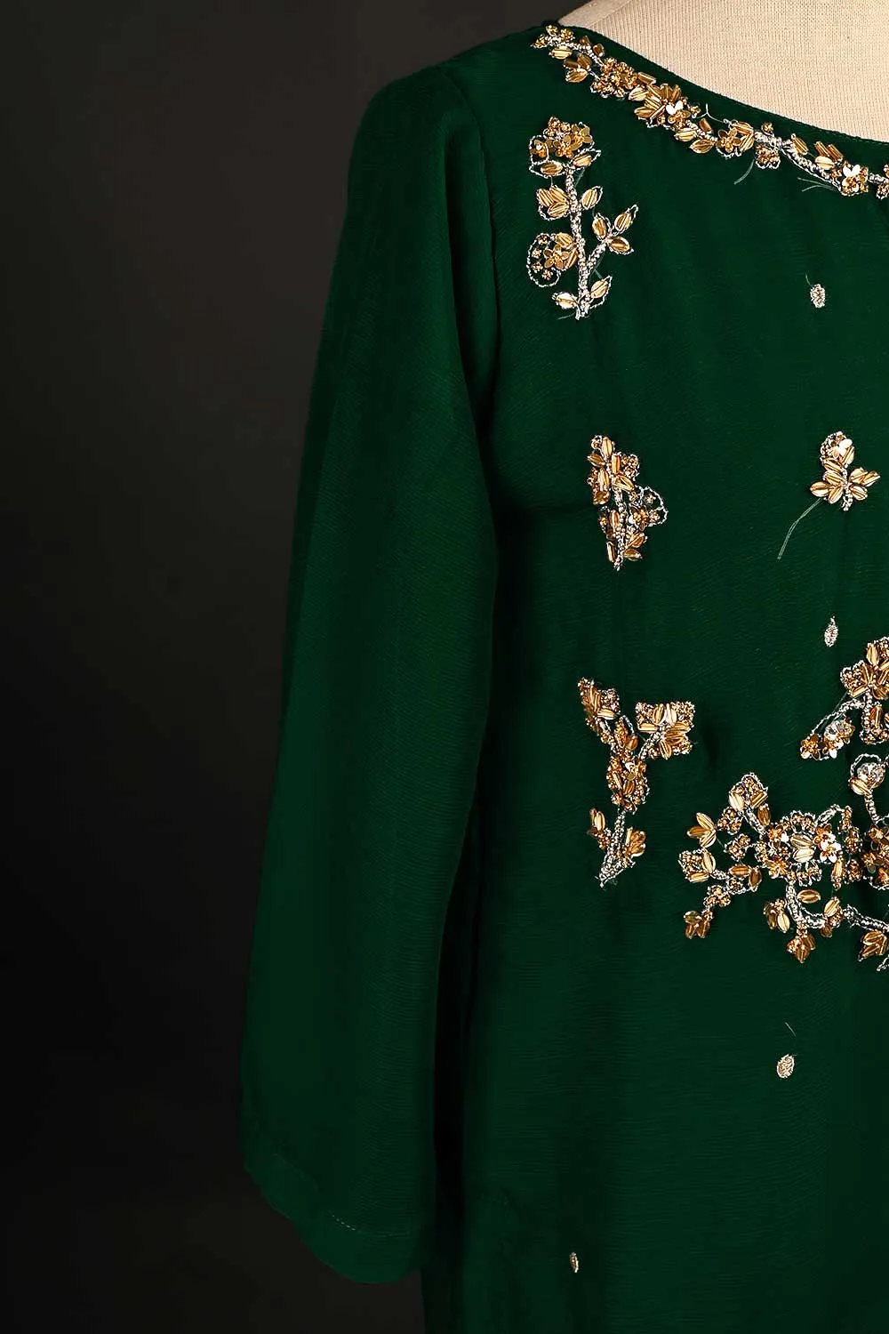 RTW-175-Bottle Green - 3Pc Ready to Wear Embroidered Adda Work Chiffon Dress