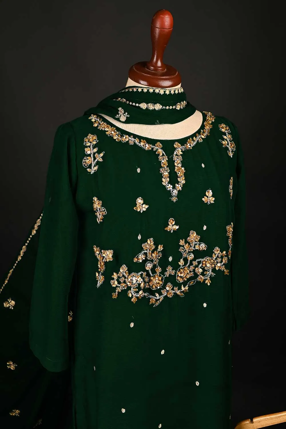 RTW-175-Bottle Green - 3Pc Ready to Wear Embroidered Adda Work Chiffon Dress