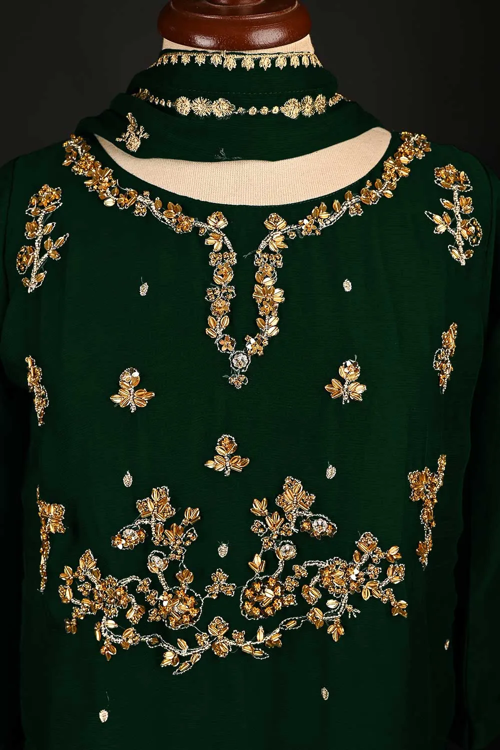 RTW-175-Bottle Green - 3Pc Ready to Wear Embroidered Adda Work Chiffon Dress