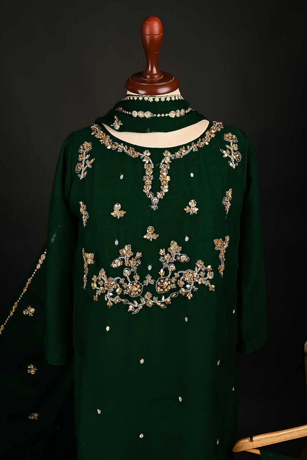RTW-175-Bottle Green - 3Pc Ready to Wear Embroidered Adda Work Chiffon Dress