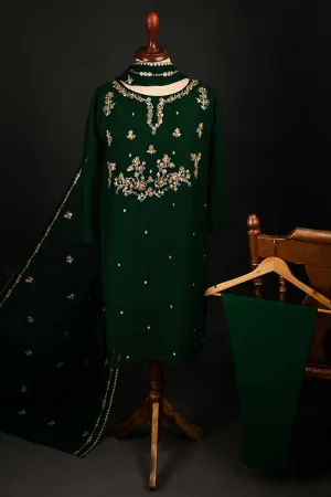 RTW-175-Bottle Green - 3Pc Ready to Wear Embroidered Adda Work Chiffon Dress