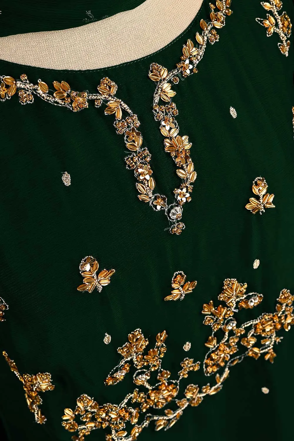 RTW-175-Bottle Green - 3Pc Ready to Wear Embroidered Adda Work Chiffon Dress