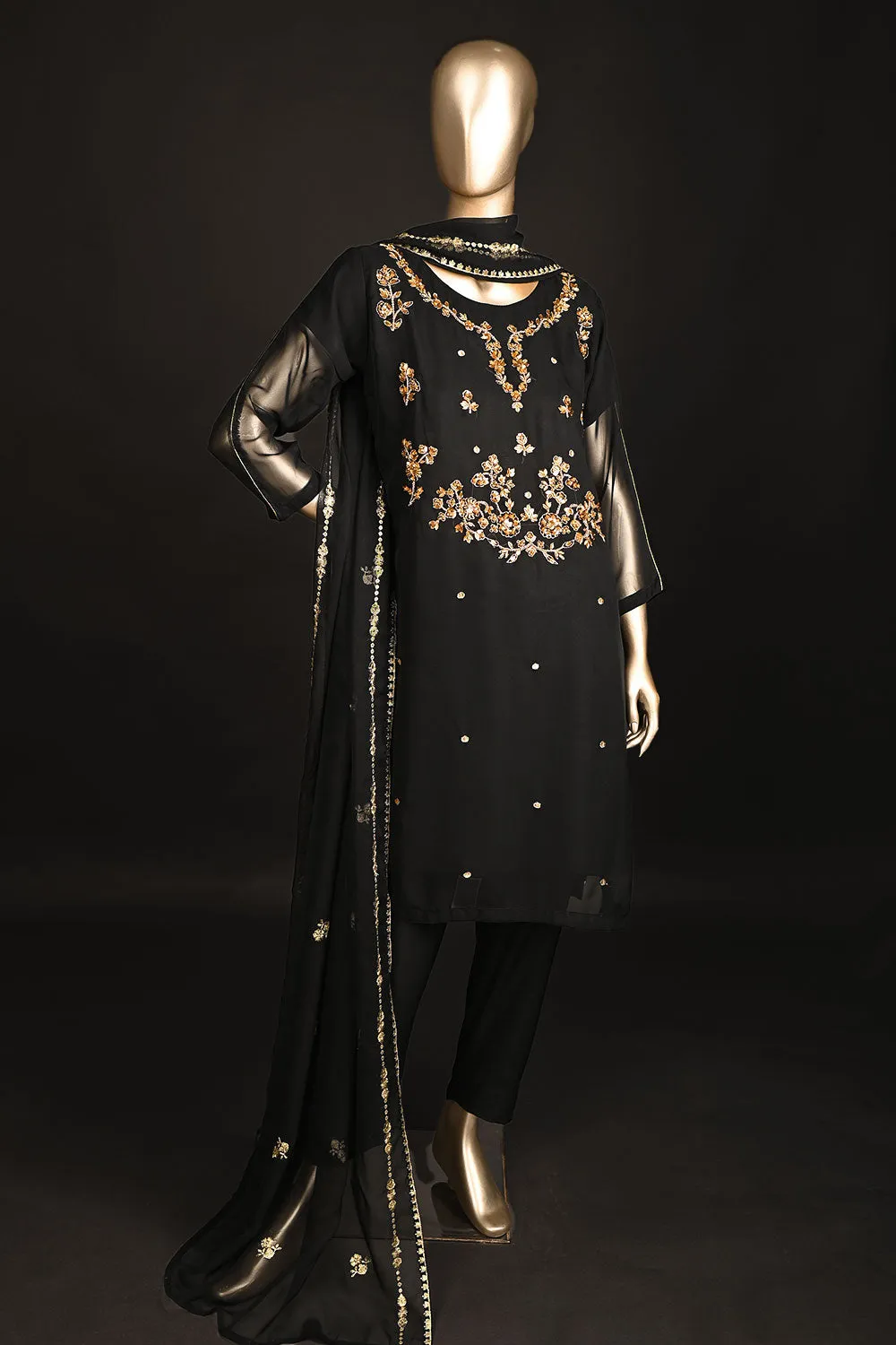 RTW-177-Black - 3Pc Ready to Wear Embroidered Adda Work Georgette Chiffon Dress