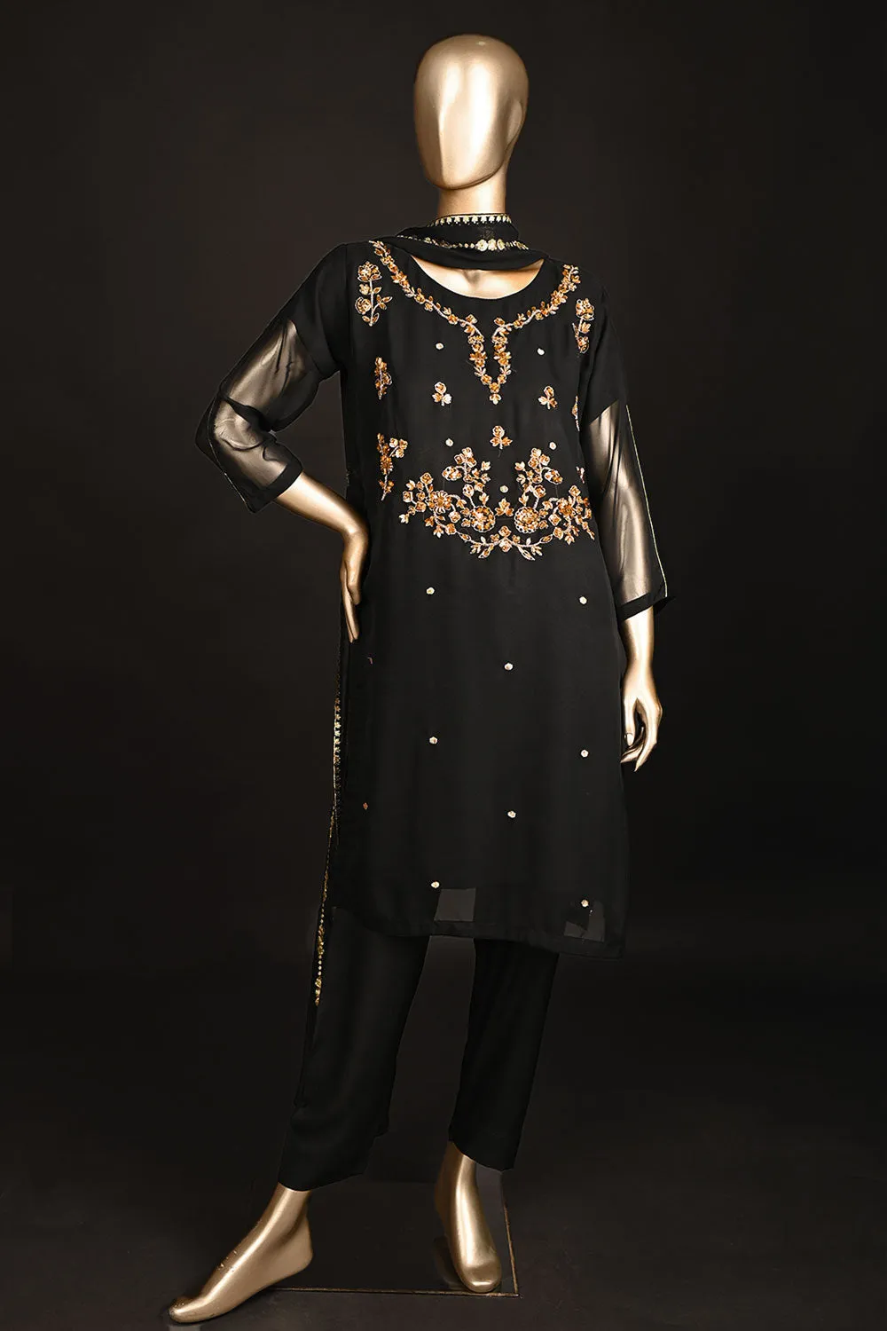 RTW-177-Black - 3Pc Ready to Wear Embroidered Adda Work Georgette Chiffon Dress