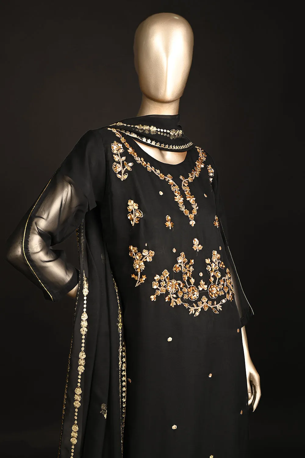 RTW-177-Black - 3Pc Ready to Wear Embroidered Adda Work Georgette Chiffon Dress