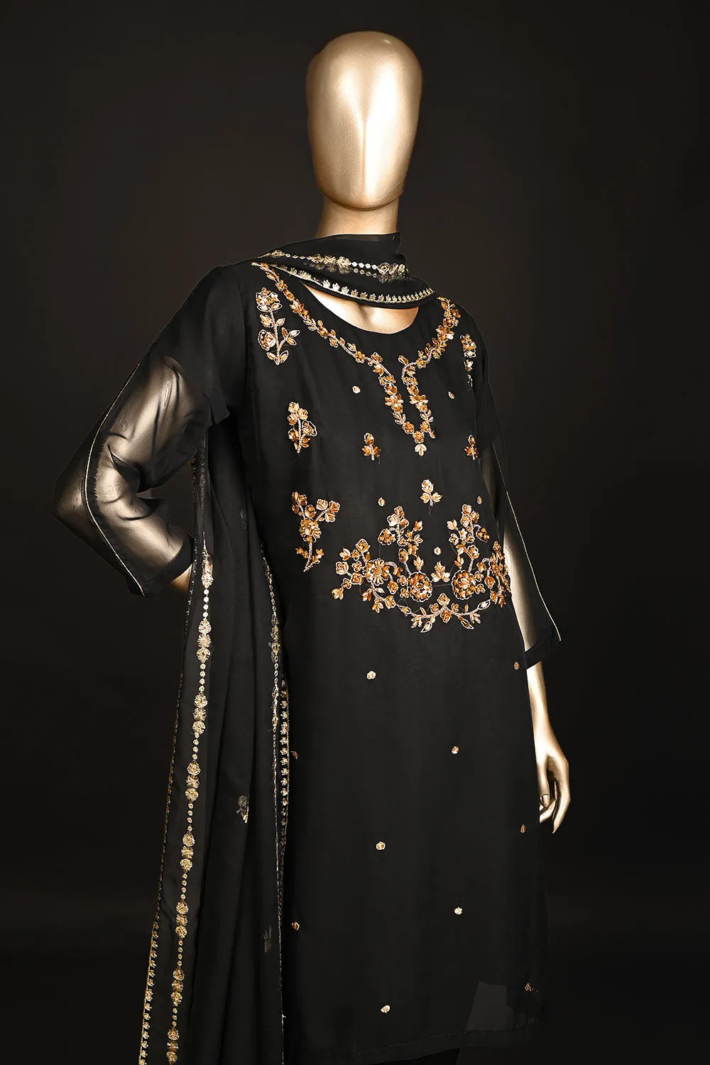 RTW-177-Black - 3Pc Ready to Wear Embroidered Adda Work Georgette Chiffon Dress