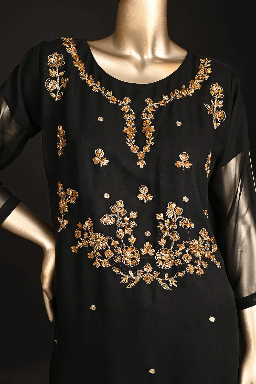 RTW-177-Black - 3Pc Ready to Wear Embroidered Adda Work Georgette Chiffon Dress