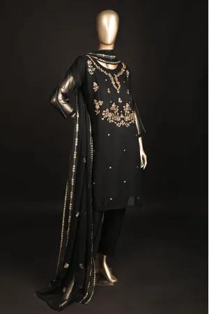 RTW-177-Black - 3Pc Ready to Wear Embroidered Adda Work Georgette Chiffon Dress