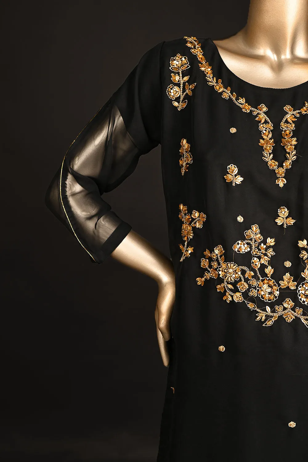 RTW-177-Black - 3Pc Ready to Wear Embroidered Adda Work Georgette Chiffon Dress