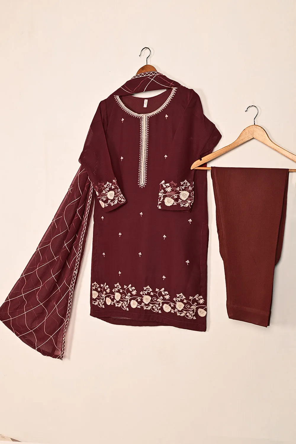 RTW-187-Maroon -  3Pc Ready to Wear Embroidered Chiffon Dress