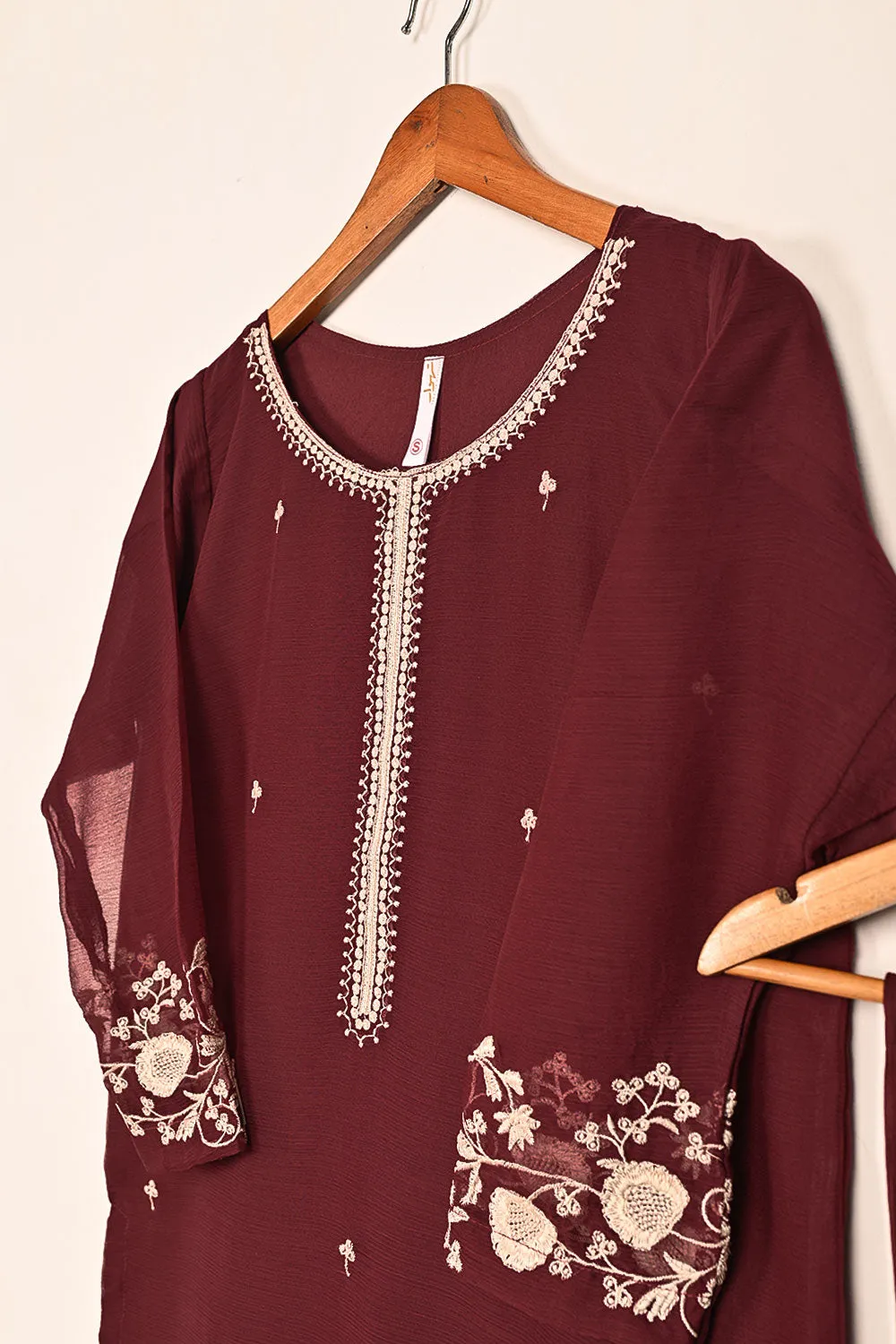 RTW-187-Maroon -  3Pc Ready to Wear Embroidered Chiffon Dress