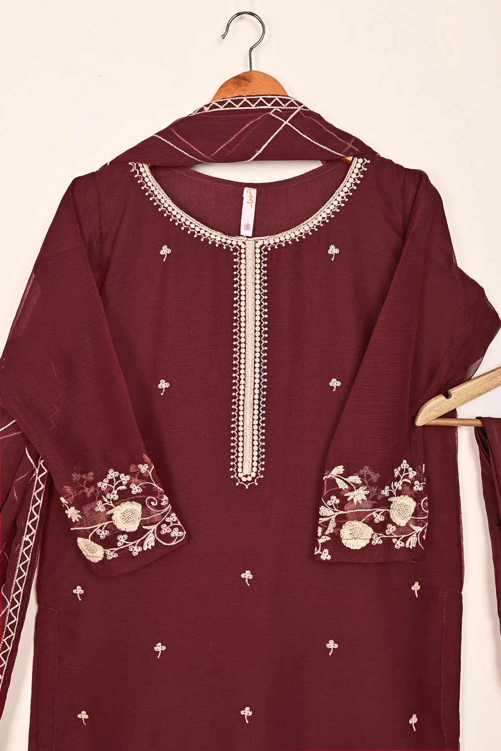 RTW-187-Maroon -  3Pc Ready to Wear Embroidered Chiffon Dress