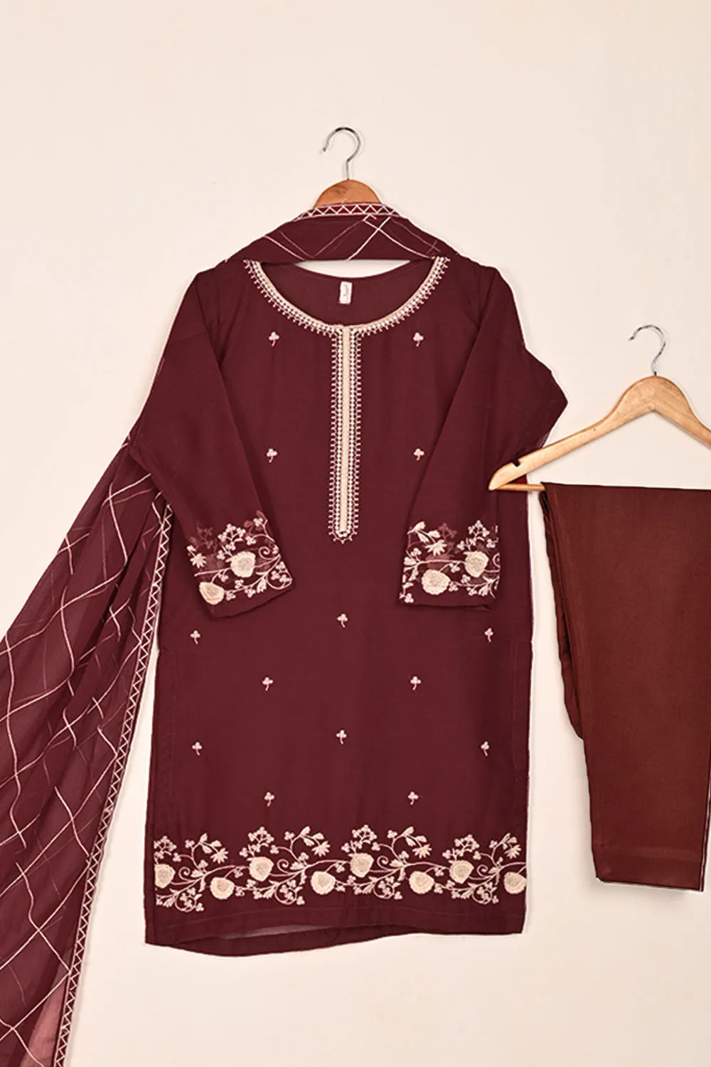 RTW-187-Maroon -  3Pc Ready to Wear Embroidered Chiffon Dress