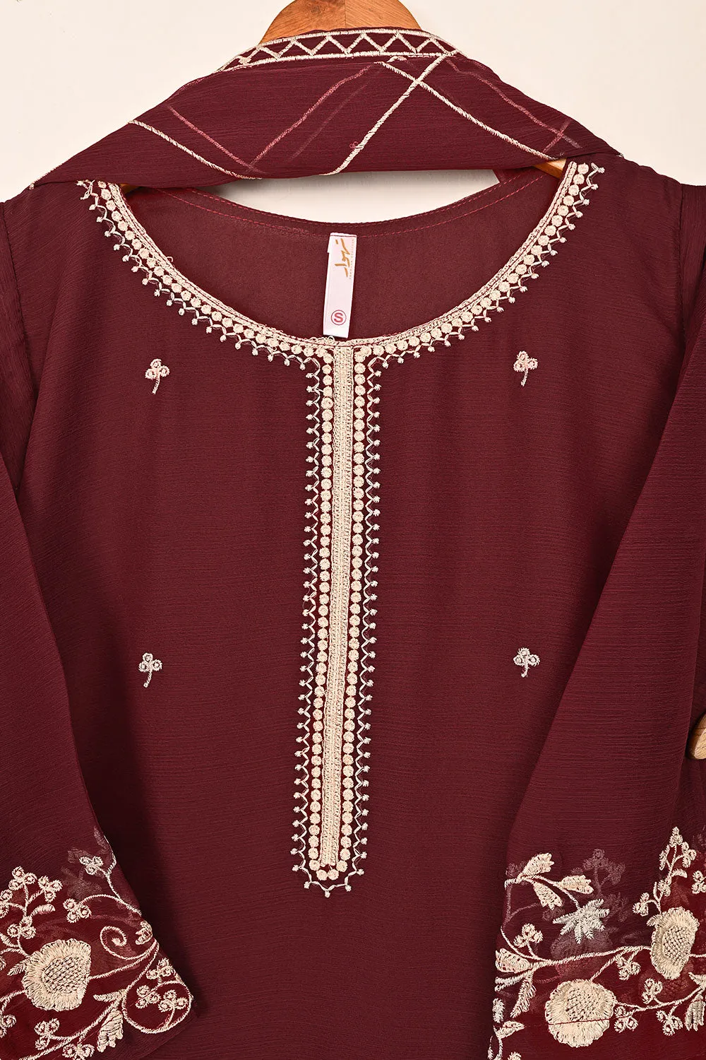 RTW-187-Maroon -  3Pc Ready to Wear Embroidered Chiffon Dress