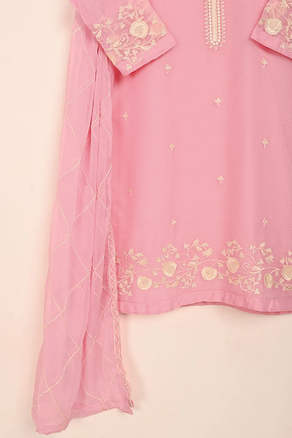 RTW-188-Pink -  3Pc Ready to Wear Embroidered Chiffon Dress